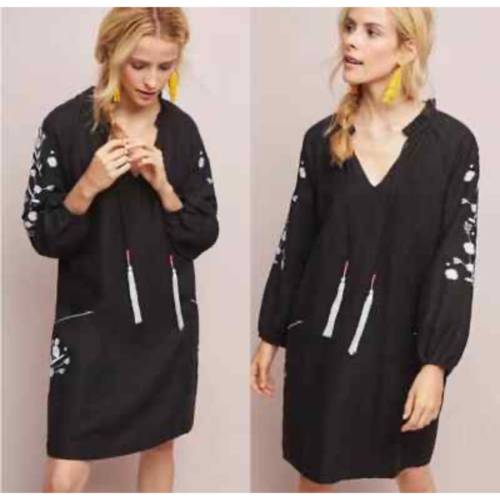 Anthropologie Dolan Ivanhoe‎ Boho Embroidered Tassel Dress XS NWT Black Floral